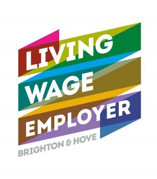 Living Wage Employer Brighton & Hove logo with colourful diagonal bands and the words “Living Wage Employer”.