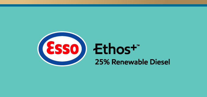 Esso Ethos+ logo with the tagline “25% Renewable Diesel” on a teal background.