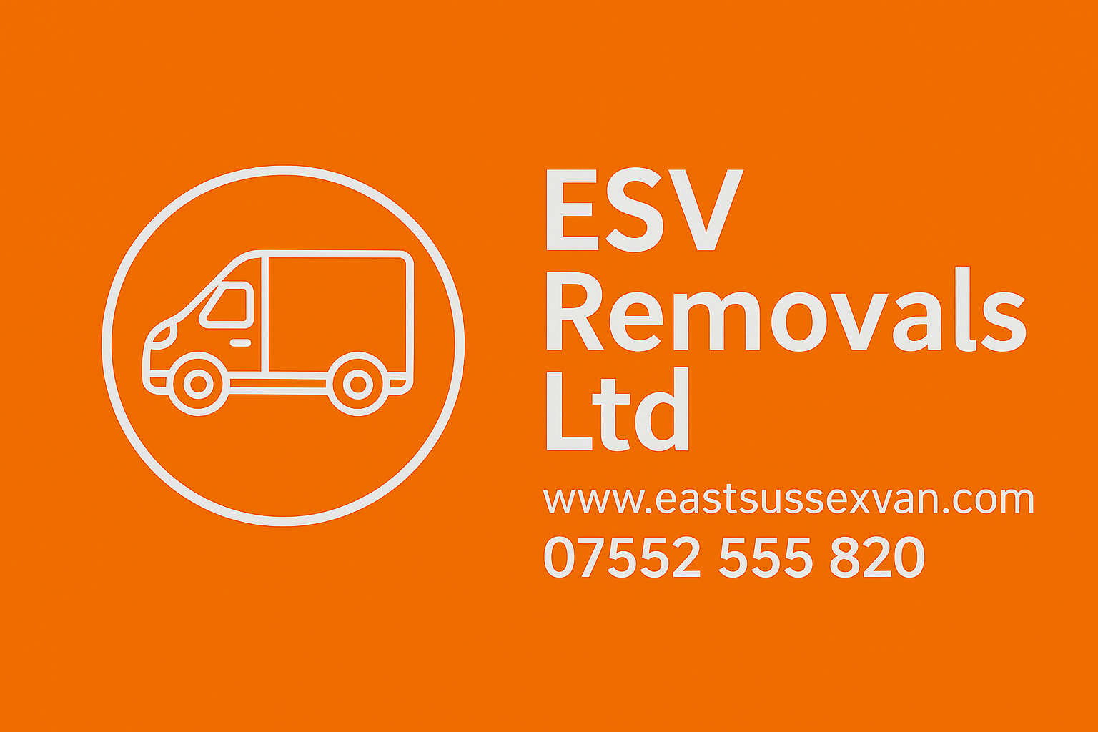 ESV Removals Ltd logo with an outline of a removals van, website address and phone number on an orange background.