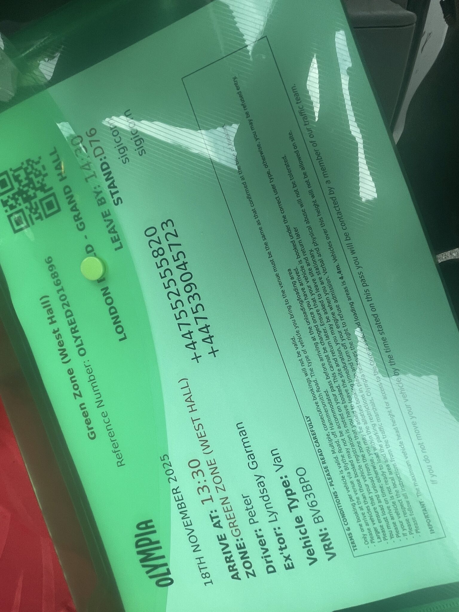 Olympia London vehicle access pass for Green Zone West Hall, stand D76, used for our timed arrival