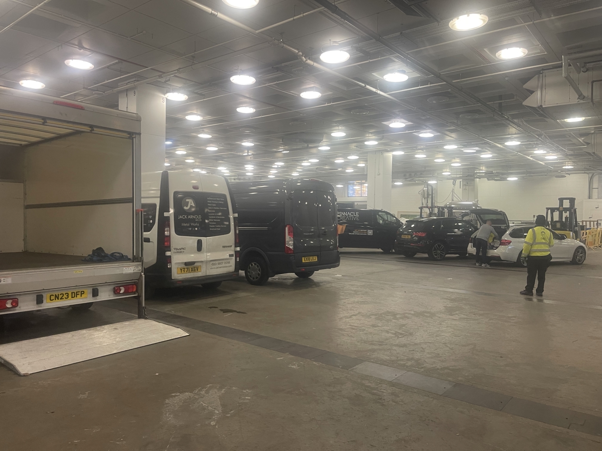 Loading bay at Olympia London with ESV Removals crew during a timed access window
