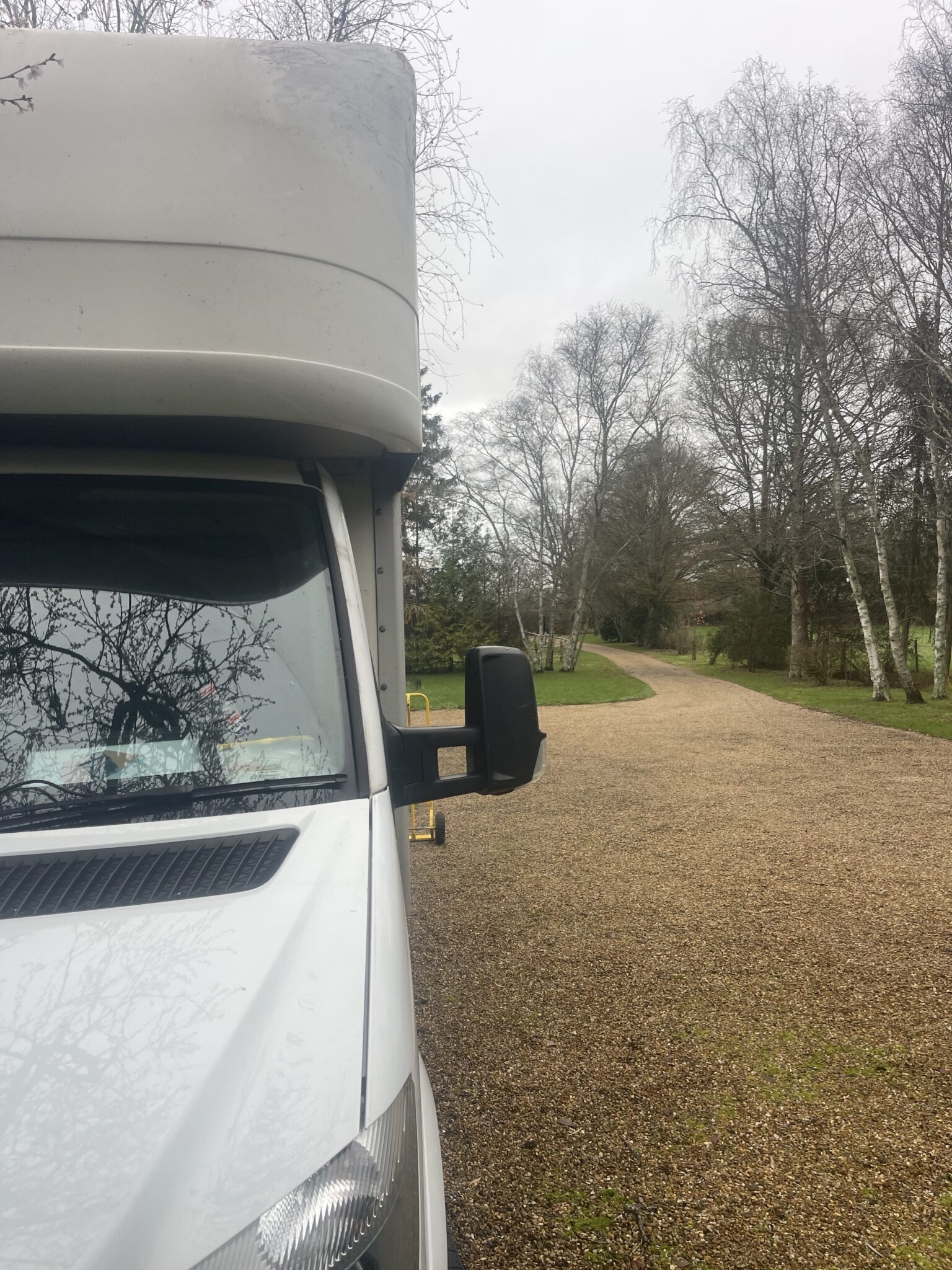 Our Luton van parked on a long gravel driveway at a rural property in Laughton near Lewes, ready for a full day of loading and storage runs.