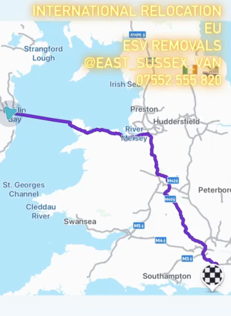 Route map with a purple line tracing the road and ferry journey from the English south coast to Dublin